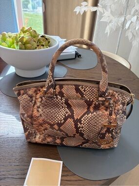 Michael Kors Brown and Tan Astor  Snake-Print Satchel